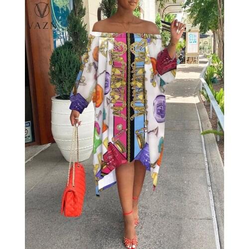 VAZN 2021 Fashion New Sexy Holiday Style Short Dresses Long Sleeve Card Shoulder Dresses Printed Knee-length Dresses