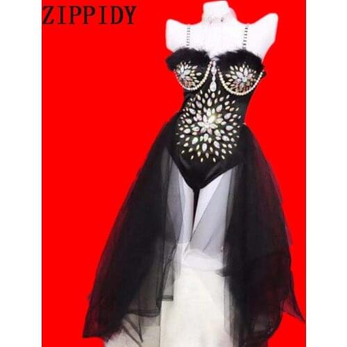 Fashion Sexy Multicolor Rhinestones Black Pink Mesh Tail Bodysuit Womens Diamonds Outfit Bar Show Singer Dancer Clothes