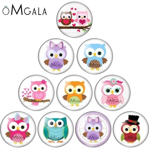 Cartoon Animal Owl Colorful Darwing 10mm/12mm/16mm/18mm/25mm Round Photo Glass Cabochon Demo Flat Back Making Findings 10pcs/lot