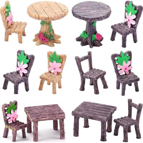 3Pcs Miniature Table and Chairs Set Fairy Garden Furniture Ornaments Kit Dollhouse Accessories Doll Playing House Micro Decor