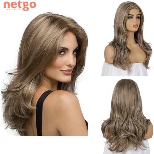 Netgo Long Water Wavy Synthetic Wig Ash Brown Blonde Middle Part Wigs Heat Resistant Cosplay Party Hair for Women Daily Wear