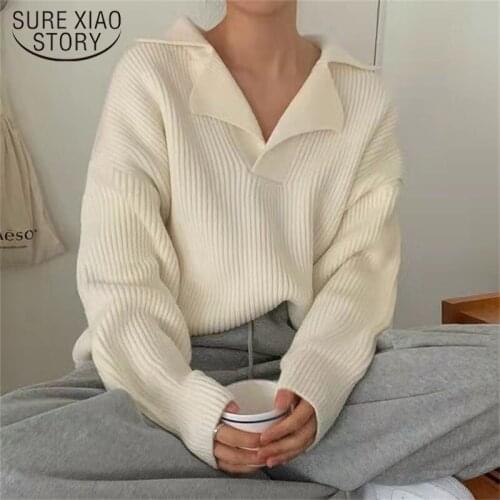 Autumn 2021 Full Sleeve Solid Fit Pullover White Casual Chic Loose Sweater Sweet Turn-down Collar Knitted Jumpers Pullover 17229