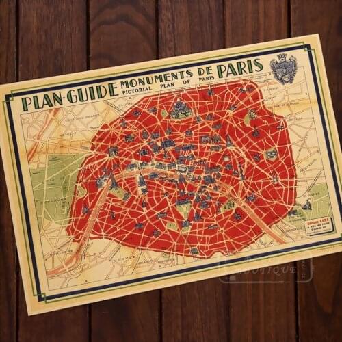 Plan Guide Monuments De Paris Map Classic Vintage Retro Kraft Decorative Poster Maps Wall Canvas Sticker Home Bar Posters DIY De