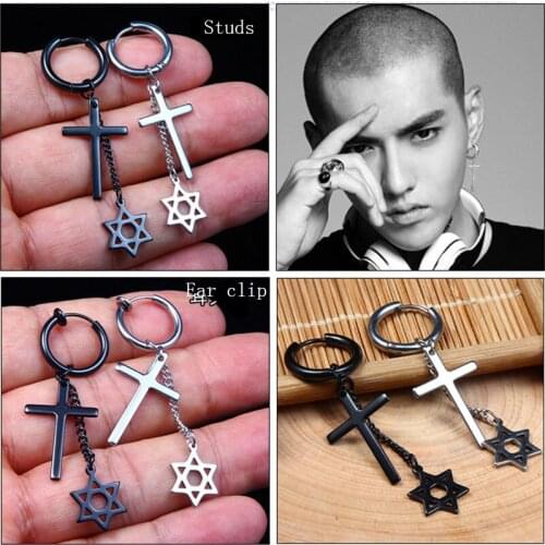 Studs earrings men punk cross earring for women stainless steel star geometric chain earrings black dangling hip hop jewelry