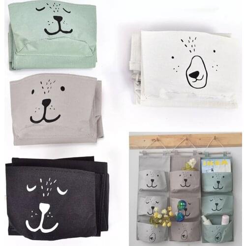 3 Pockets Cute Wall Hanging Storage Bag Linen Clothes Organizer Closet Storage Bag Children Room Organizer Pouch Home 2021 New