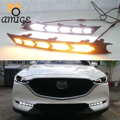 DNO LED Daytime Running Headlamps For Mazda CX-5 CX5 2017 2018 2019 2020 Dynamic Daylights Yellow Signal Car DRL Foglamp