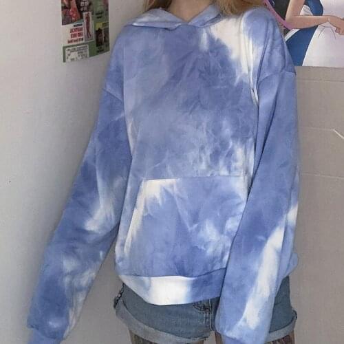 Womens Hoodie Tie Dye Loose Casual Long Sleeved Sweatshirt Women Autumn Winter Blue Warm Fashion Female Pullover Harajuku Top