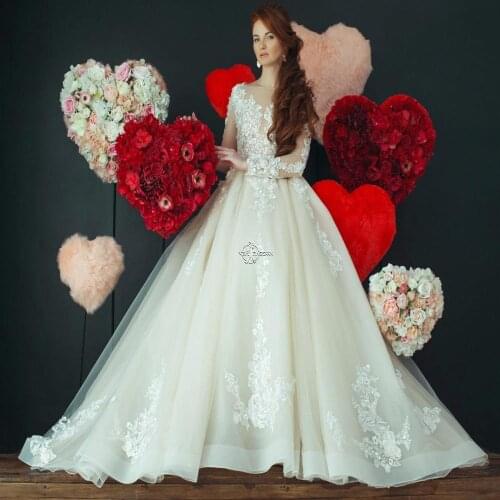 Vintage Boat Neck Long Sleeves Lace Wedding-Dresses White Ivory Beautiful Wedding-Dresses Tulle Vestido De Noiva Court Train