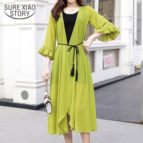 Irregular Chiffon Shawl Womens Mid-Length Three-Quarter Sleeve Thin Sun-Proof Clothing Elegant Fashion Summer Cardigan 9737