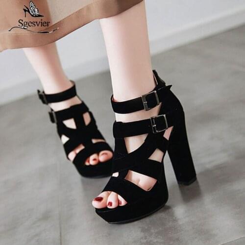 Sgesvier 2020 summer hot sale ladies shoes square high heels dress shoes solid colors flock shoes women sandals black red G323