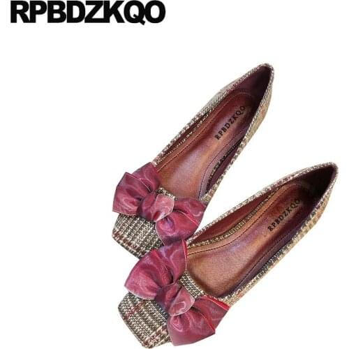 Striped plaid ladies large size red wine designer flats plus bow kawaii women shoes with little cute bowtie china square toe