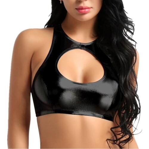 Women Metallic Pole Dance Crop Tops Sexy Club Festival Rave Clothes Sleeveless Black PU Leather Tank Top Chic Hollow Out Top Bra