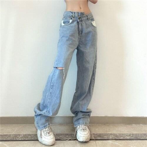 Women Fashion Street Stylish Bottoms Clothing Irregular High Waist Ripped Holes Jeans Long Trousers Ladies Loose Pants S M L