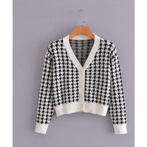 MESTTRAF Women 2021 Fashion Retro V-neck Houndstooth Print Cardigan Sweater Autumn Long Sleeve Casual Top Streetwear