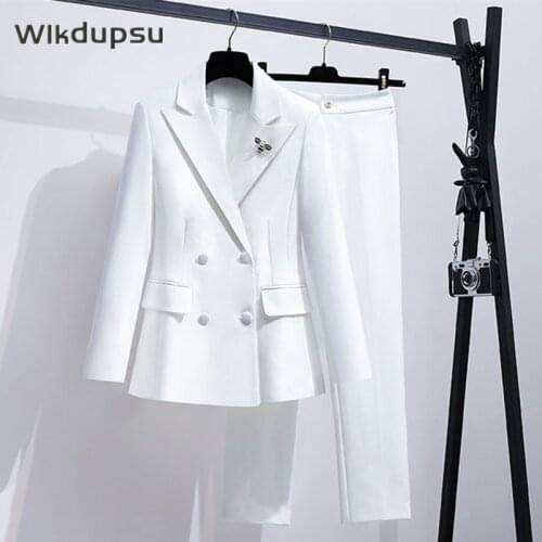 Office Lady Work Formal Business Pants Suit High Quality Women Luxury Blazer Jacket Clothing Black White Two Piece Set Plus Size