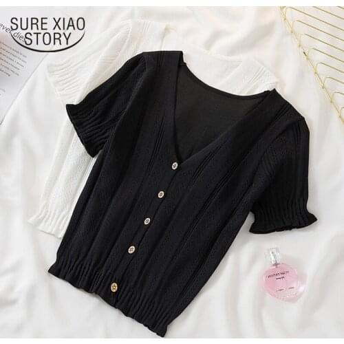 Women Tops and Blouse 2021 Spring and Summer Korean Solid Color Button Short Sleeve Cardigan Plus Size 4XL Knitted Cardigan 9838