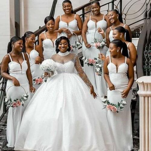 Beading Top Ball Gown Nigeria Wedding Dress High Collar Pearls Long Sleeve Satin Plus Size Africa Bridal Dresses