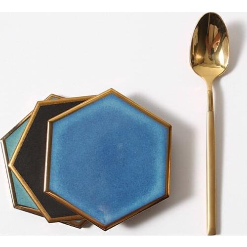 1 PC Nordic Hexagon Gold-plated Ceramic Placemat Heat Insulation Coaster Porcelain Mats Pads Table Decoration WJ901