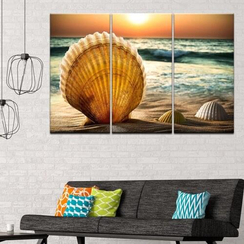 3 Panel Beautiful lovely shells beach sea wave horizon sun sunset sky living room home wall art decor wood frame canvas posters