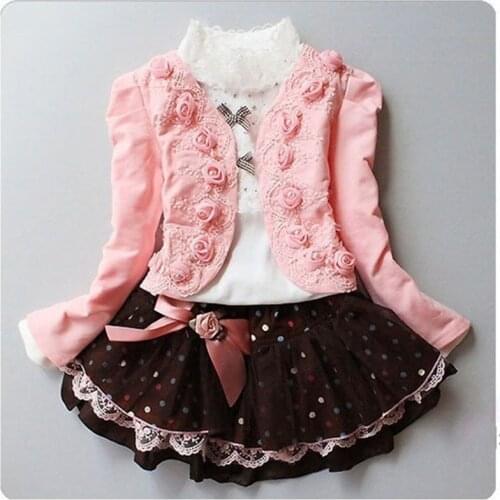 Princess Kids Girls Flower 3pc Clothing Set Short Mini Jacket Blouse Shirt Lace Tutu Skirt Baby Girls Suits Set Children Clothes
