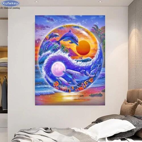 Diy square round drill 5D Diamond Painting Dolphins Sea turtles Cross Stitch Kit Mosaic Yin and Yang Dolphins Wedding Decoration