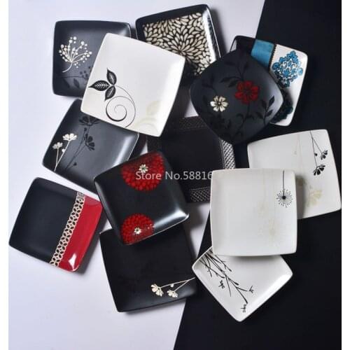 Japanese style 8.5 inch ceramic tableware black and white hand-painted flat plate deep dish fruit steak square dish plate