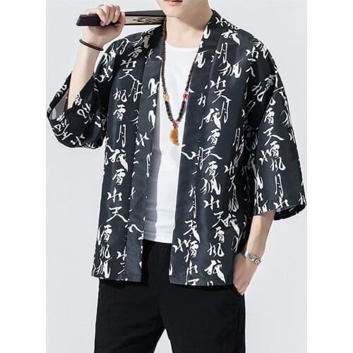 Men Japanese Kimono Cardigan blouse Chinese calligraphy Print shirts Loose Baggy Kimono Jacket Robe