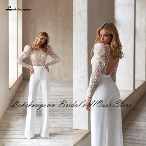 Lakshmigown Sexy Bridal Robe Jumpsuit Night Gown for Wedding Receipt Party Dress Luxury Beading Lace Backless Wedding Dresses