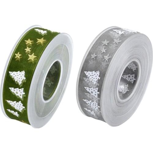 L5YA 25mm Width Christmas Ribbon Christmas Tree Star Ribbon Printed Grosgrain Ribbons for Gift Wrapping Wedding Decoration