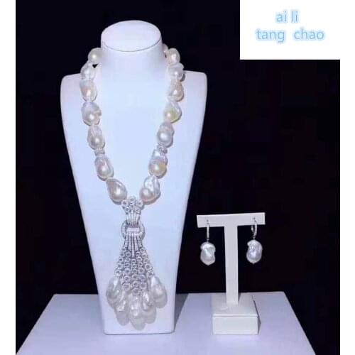 Handmade white micro inlay zircon clasp accessory luxury domineering baroque pearl necklace Earring Set fashion jewelry
