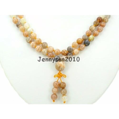Natural Sunstone 8mm Gems Stone Buddhist 108 Beads Prayer Mala Knot Necklace Multi-Purpose 5Strands/Pack