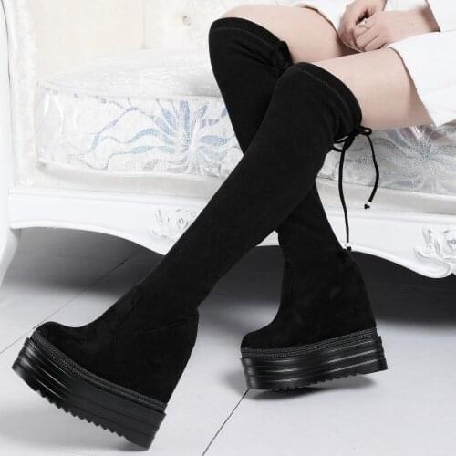 14CM over-the-knee boots winter within Increase plus velvet high boots wedges long tube boots sexy super high heel womens boots