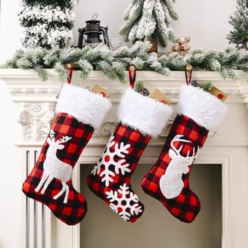3 Styles Kawaii Large Christmas Stocking Gift Bag Grid Design Cartoon Pattern Xmas Fireplace Stocking Christmas Eve Decoration