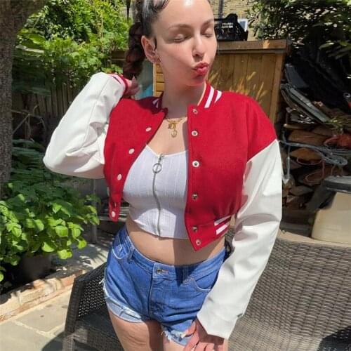 2021 Stand Collar Varsity Jacket Baseball Women PU Leather Patchwork Autumn Winter Button Up Long Sleeve Fashion Cropped Coat