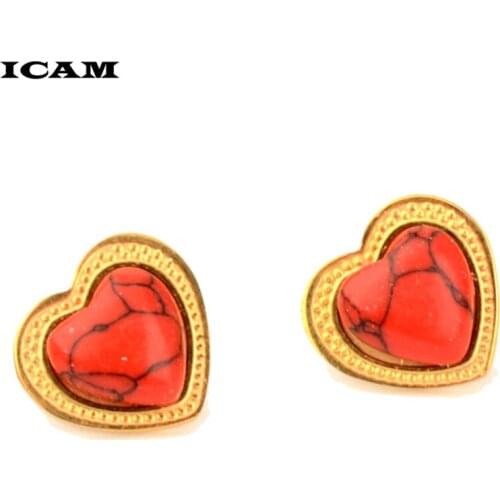 ICAM 2019 Japan New Vintage Heart Shape Red Marble Opal Stone Stud Earrings For Women Fashion Temperament Simulated Brinco