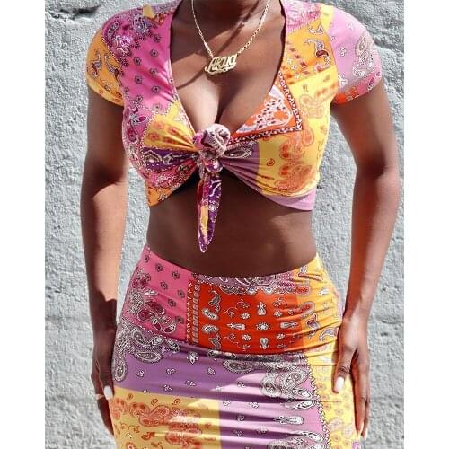 Hirigin Color Block Bandanna Printed Two Piece Set Women Summer Bandage Short Sleeve Crop Top+ Mini Skirt Vintage Tracksuits