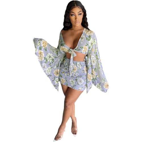 2021 New Arrival Famous Brand 2 pcs Women Set Print V-neck Flare Sleeve Short Tops Mini Dress Summer Beach Outfits
