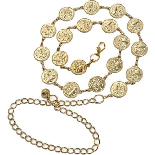 Retro Fashion Women Ladys Beauty Head Belt Gold Silver Metal Alloy Elastic Waist Belt Chains Coin Cummerbund Straps