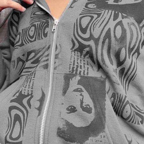 Ladies Hooded Sweater Face Print Jacket 2021 Spring And Autumn New Loose Casual Sports Fashion High Street Personality Simple