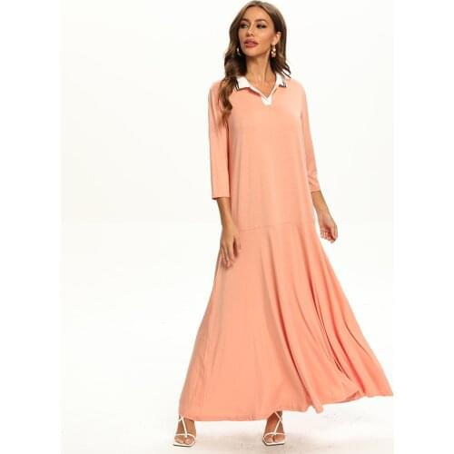 Fridayin Women Polo Neck Elastic Long Sleeve Sweater Maxi Dresses Solid Color Casual Cotton Clothes