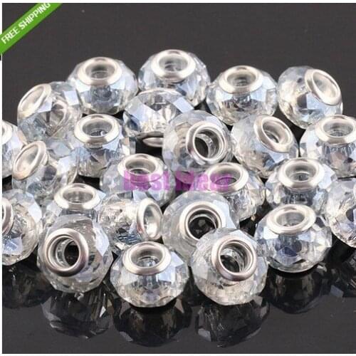 Free Shipping 50pcs White AB color Cut &Faceted Glass Beads Big Hole Fit European Charms Bracelet 14x8mm