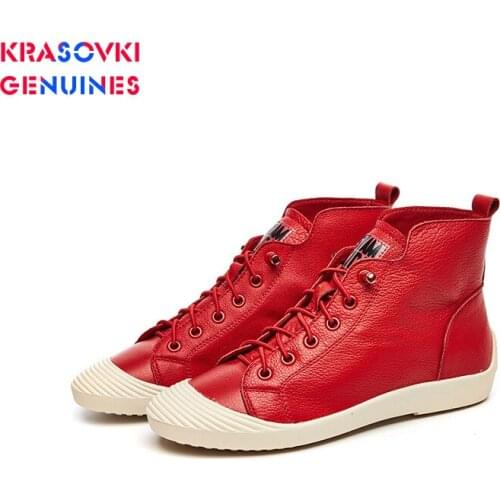 2020 Boots Women High Quality Genuine Leather Soft Ankle Boots White Black Red Comfortable High Top Lace Up Casual Boots