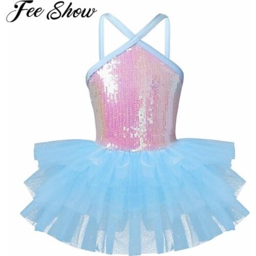 FEESHOW Cute Kids Sleeveless Halter Sequins Mesh Girls Ballet Leotards Dance Wear Gymnastics Leotard Stage Ballerina Tutu Dress