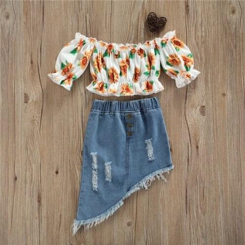 2 Piece Set Toddler Girls Summer Clothes Fashion Off Shoulder Short Sleeve Sunflower Tops + Ripped Denim Skirt Set for 2-6 Years
