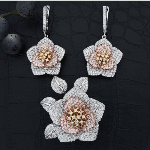 Fashion Three Tone Flower Earrings Ring Jewelry Sets AAA Cubic Zircon Women Wedding Party Bijoux Bijouterie Gift