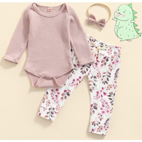 3pcs Baby Girl Outfit Set Newborn Toddler Girls Clothes Solid Long Sleeve Bodysuit Top+Plant Print Trousers+Headband Infant