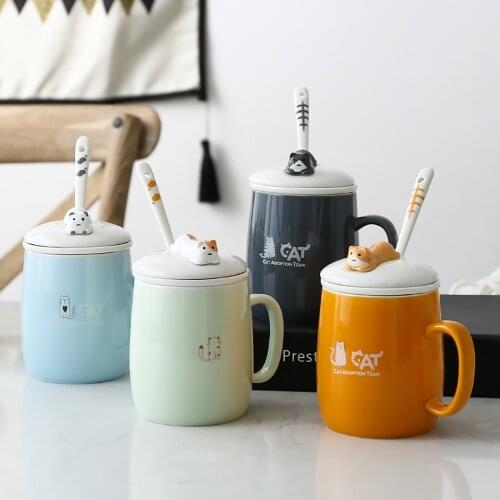 3D Cute Cat Mug with Cover and Spoon Breakfast Cup for Cat Lover Unique Ceramic Milk Tea Coffee Cup Funny Decoration for Home