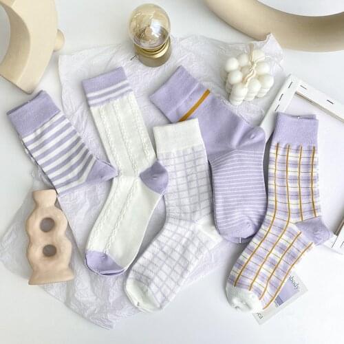 Fashion Style Cotton Socks Womens Socks Cotton Harajuku Ladies Vintage Purple Plaid Socks Stripes Grids Tube Sock Sox
