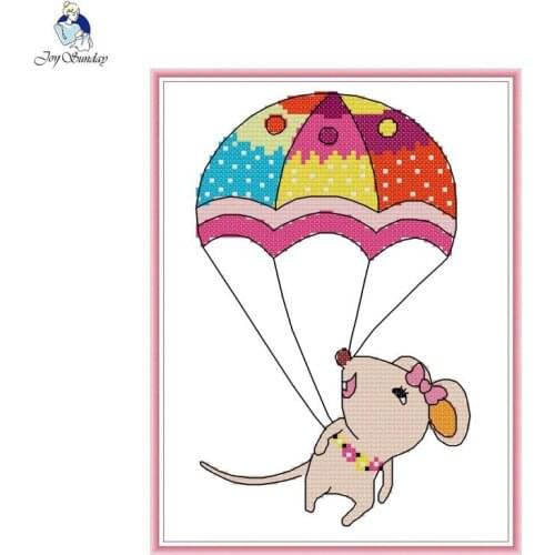 Skydiving Little Mouse Cross Stitch Kits DIY Cartoon Animal Pattern 14CT 11CT Counting Printing Embroidery Set Needlework Crafts