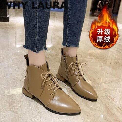Autumn/winter 2021 womens ankle boots pure black khaki lace-up pointy toe rubber elegant fashion low heel womens boots